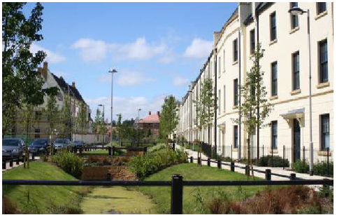 SuDS feature integrated within the streetscene in Upton, Northampton