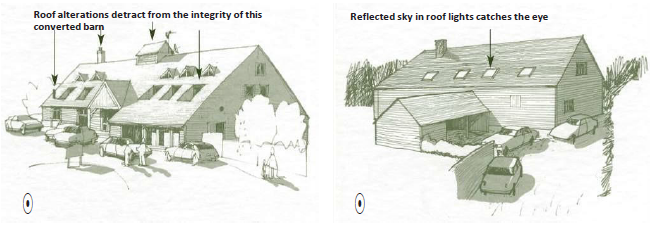 Left: Diagram of a building. Annotated with: Roof alterations detract from the integrity of this converted barn. Right: Diagram of a building. Annotated with: reflected sky in roof lights catches the eye-