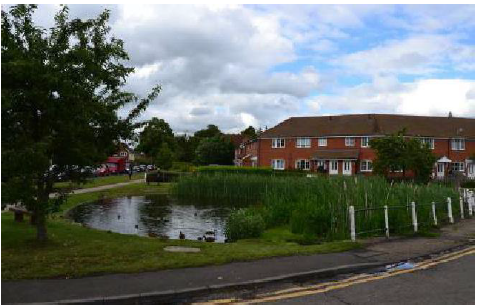 Pond on Walton Grove, Aylesbury provides focal point and attractive setting for adjacent houses