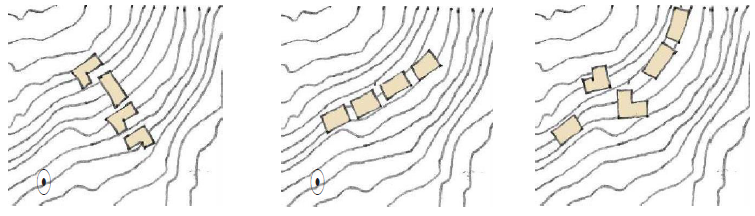 Three illustrations show blocks of houses on hillsides which are in order in the first two illustrations and two blocks are out of order in the last illustration. 