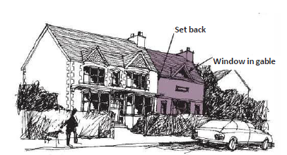 Diagram of two houses, attached, annotated with: Set back, Window in gable. 