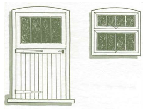 Close-up diagram of a door with a window, there is another window to the right of the door.
