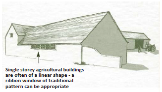 Diagram of a building annotated with: Single storey agricultural buildings are often of a linear shape- a ribbon window of traditional pattern can be appropriate