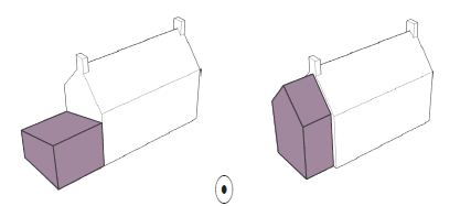 Left: Diagram showing an extension such that it bears no relationship to the existing dwelling. Right: Diagram showing an extension with appropriate scale and massing.