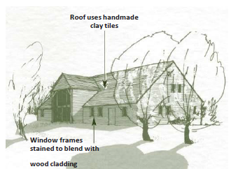 Diagram showing a converted agricultural building with clay tiled roof and window frames blending with wooden cladding. 