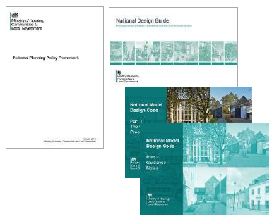 National policy guidance documents: the National Planning Policy Framework (NPPF), National Design Guide and National and National Model Design Code (Part 1 and 2)