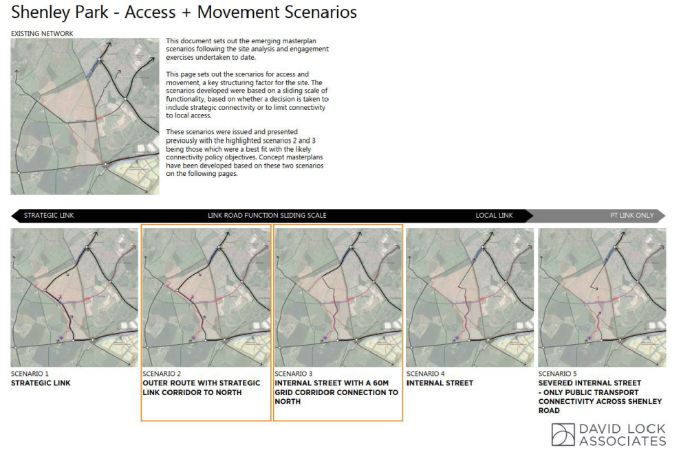 Figure A: Tightly bounded concept masterplan alternatives varying only in respect of approach to 'access and movement', as defined within the DLA Study (June 2023)