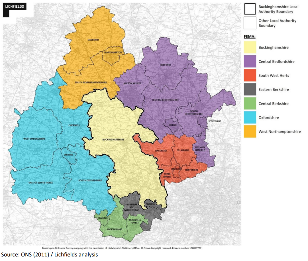 Map showing Buckinghamshire Functional Economic Market Area, in relation to the surrounding authorities. 
