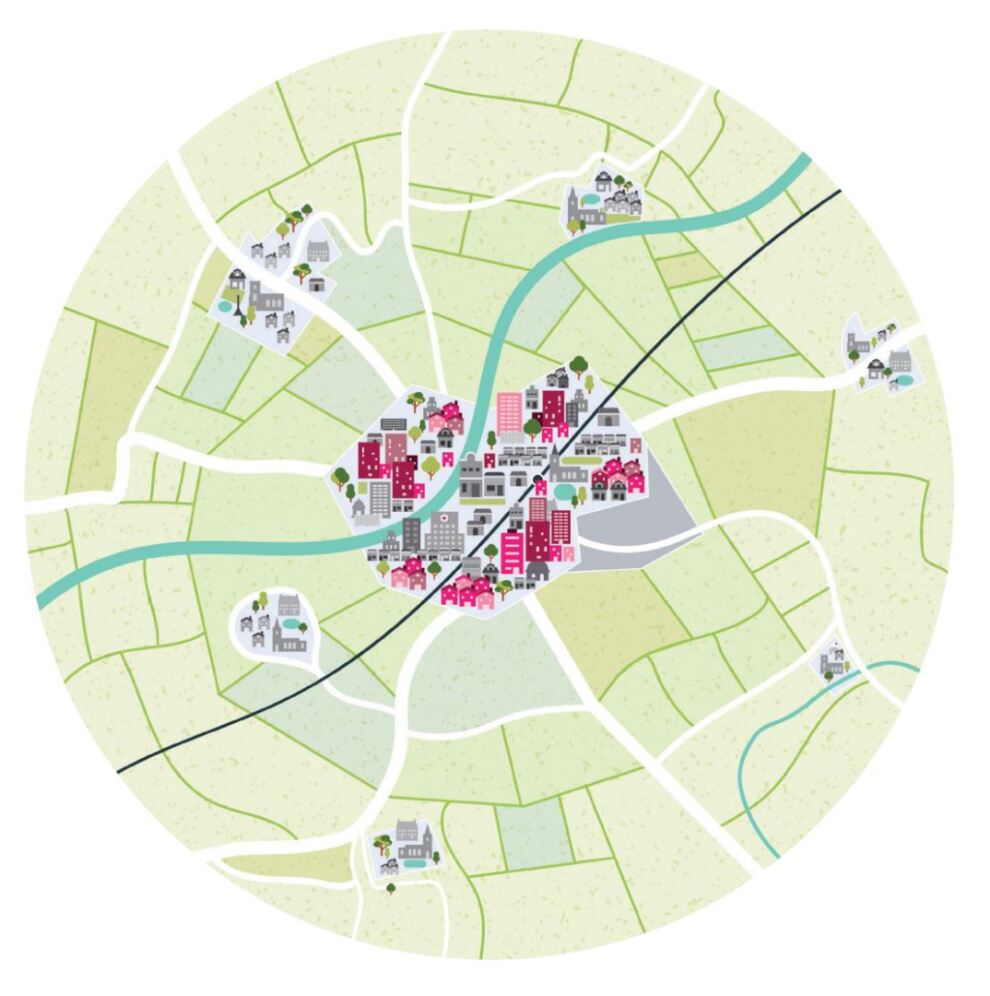 Image depicting Approach 1. New housing growth shown in the existing town centres. 