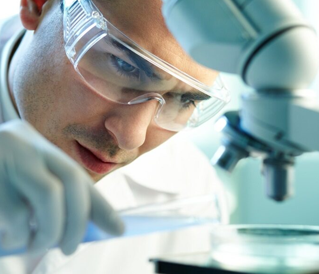 Scientist examining samples under a microscope in a laboratory.