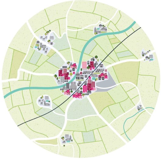 Image depicting Approach 1. New housing growth shown in the existing town centres.